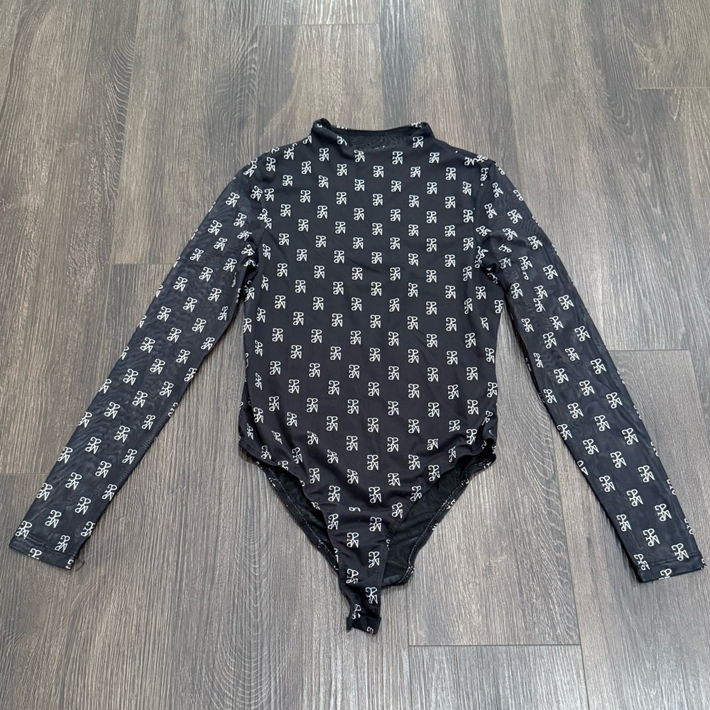Missguided Black and White Patterned Logo Mesh Bodysuit Size S